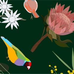 native fauna bright birds floral deep green detail