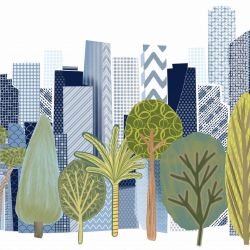 city slyline blue city treeline