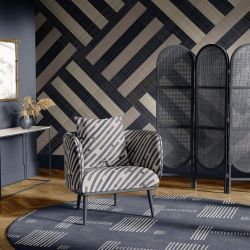 geometric twist concept wallpaper  armchair  rug in the blue colour