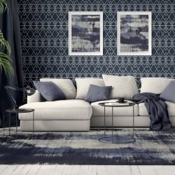 indigo embellishments concept rug and artwork framed