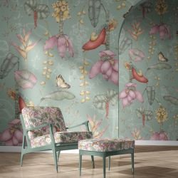 textured tropics wallpaper and fabric upholstery
