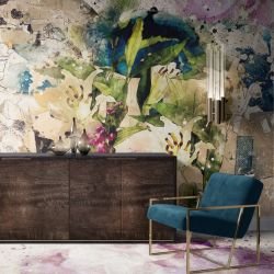 destination landmarks concept mural carpet and velvet armchair